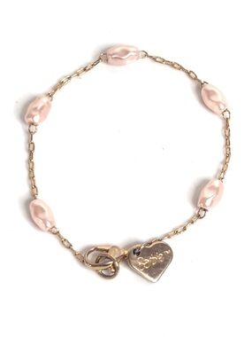 Vintage Barbie Mattel Gold Tone Dainty Bracelet Pink Faux Pearls 6.5” Child Size